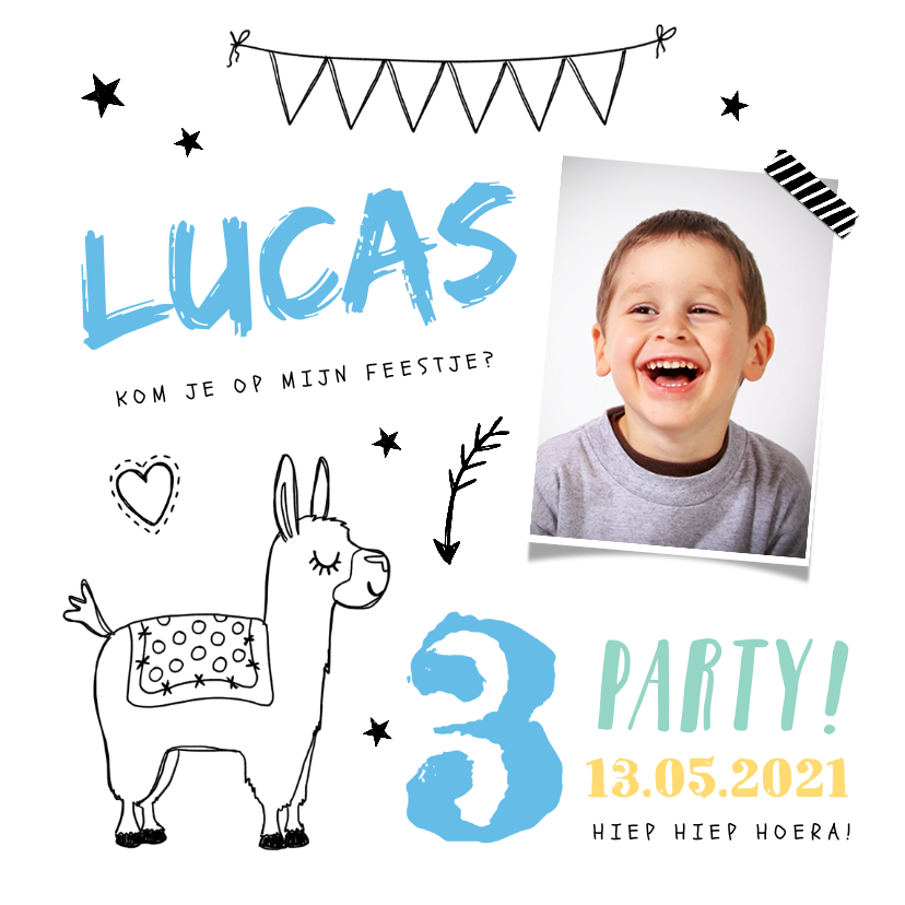 Kinderfeestjes - Kinderfeestje uitnodiging hip jongen met alpaca en foto
