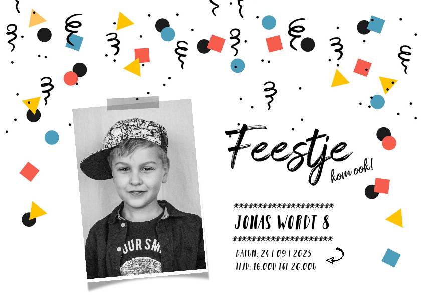 Kinderfeestjes - Kinderfeestje uitnodiging jongen confetti zwart-wit