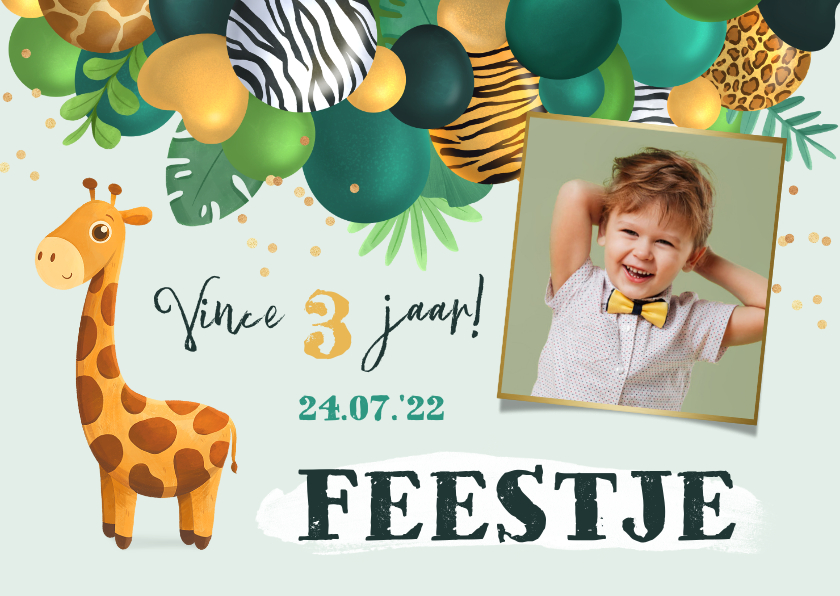 Kinderfeestjes - Kinderfeestje uitnodiging jungle ballonnen foto giraf goud