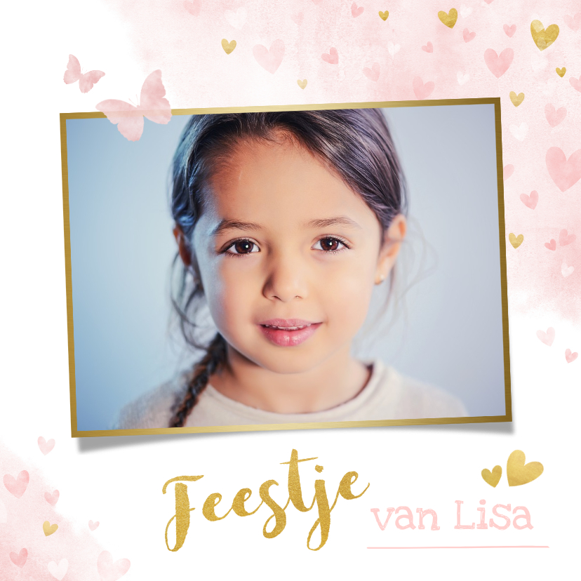 Kinderfeestje uitnodiging meisje met roze en gouden hartjes - Kinderfeestjes Kinderfeestjes - Kinderfeestje uitnodiging meisje met roze en gouden hartjes