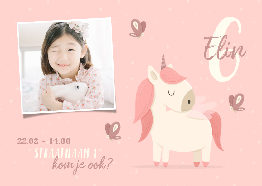 Kinderfeestje uitnodiging met foto, vlinders en unicorn - Kinderfeestjes Kinderfeestjes - Kinderfeestje uitnodiging met foto, vlinders en unicorn