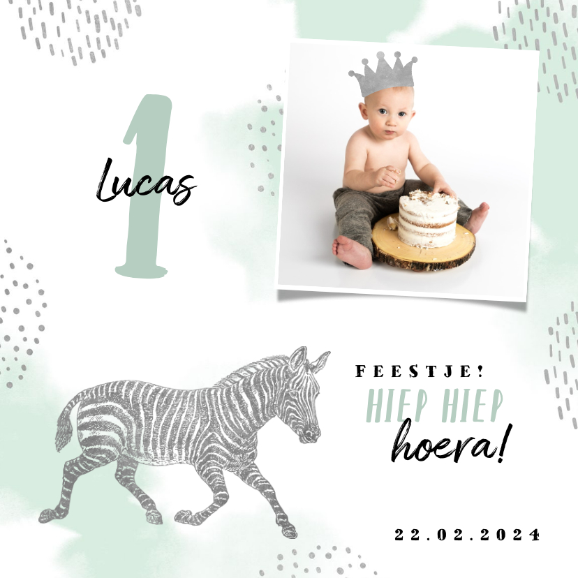 Kinderfeestjes - Kinderfeestje uitnodiging met foto, zebra en kroontje