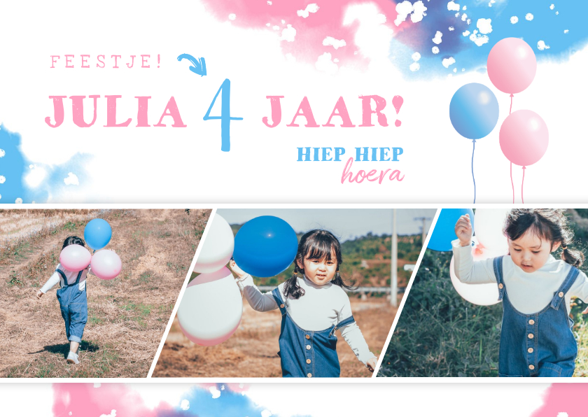 Kinderfeestje uitnodiging met fotostrip en ballonnen - Kinderfeestjes Kinderfeestjes - Kinderfeestje uitnodiging met fotostrip en ballonnen