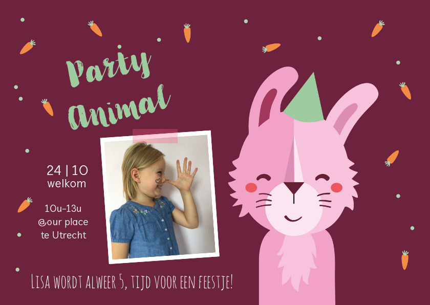 Kinderfeestje uitnodiging party animal konijn - Kinderfeestjes Kinderfeestjes - Kinderfeestje uitnodiging party animal konijn