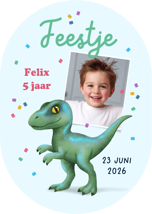Kinderfeestjes - Kinderfeestje uitnodiging pilvorm dino raptor confetti foto