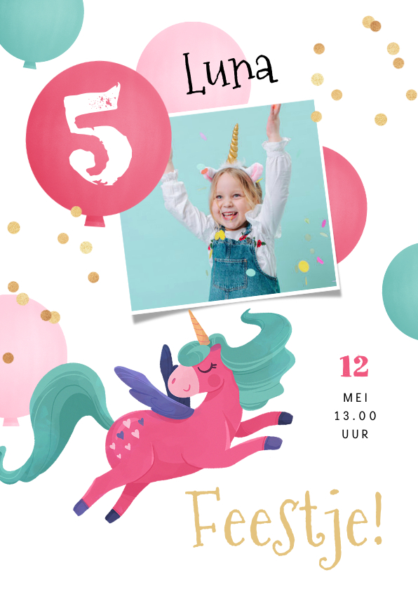 Kinderfeestjes - Kinderfeestje uitnodiging unicorn feestje ballonnen confetti