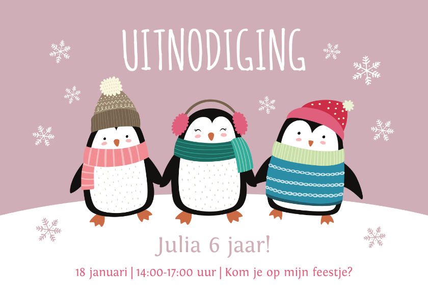 Kinderfeestjes - Kinderfeestje uitnodigingskaart pinguïns roze