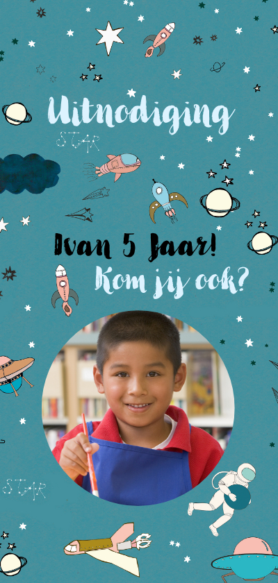 Kinderfeestkaart met space thema en vervangbare foto - Kinderfeestjes Kinderfeestjes - Kinderfeestkaart met space thema en vervangbare foto