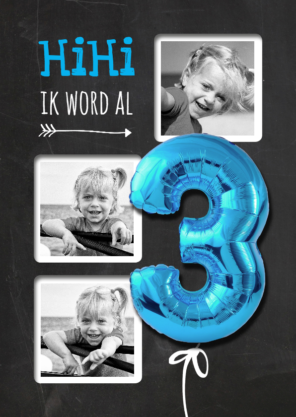 Krijtbord HiHi Ballon Drie Blauw - SG - Kinderfeestjes Kinderfeestjes - Krijtbord HiHi Ballon Drie Blauw - SG