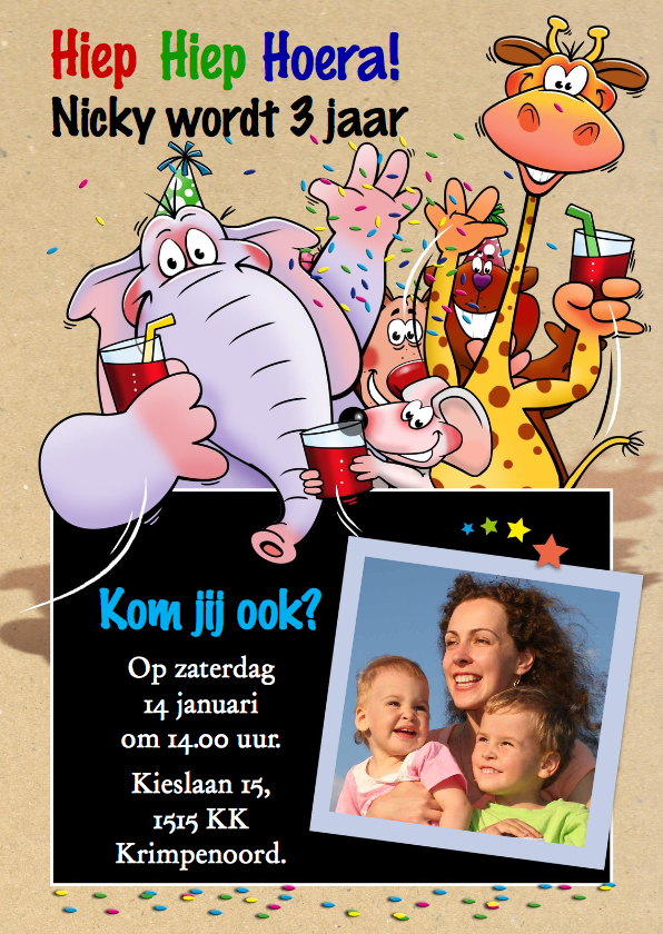Leuke uitnodiging feest met 5 grappige beesten en eigen foto - Kinderfeestjes Kinderfeestjes - Leuke uitnodiging feest met 5 grappige beesten en eigen foto