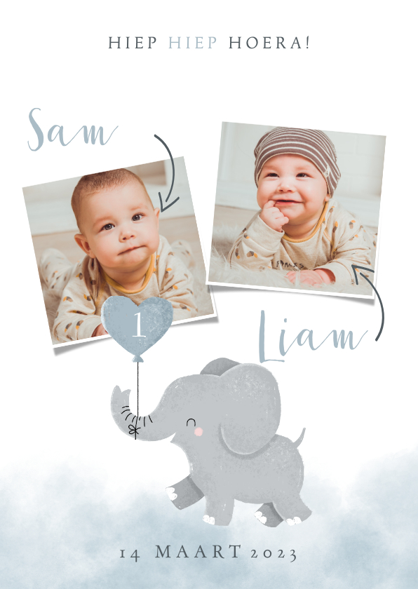 Kinderfeestjes - Leuke uitnodiging kinderfeestje voor tweeling met olifantje
