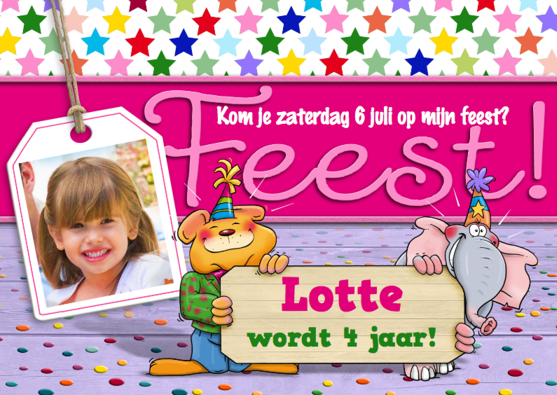 Leuke uitnodiging voor feest van meisje met dieren en foto - Kinderfeestjes Kinderfeestjes - Leuke uitnodiging voor feest van meisje met dieren en foto