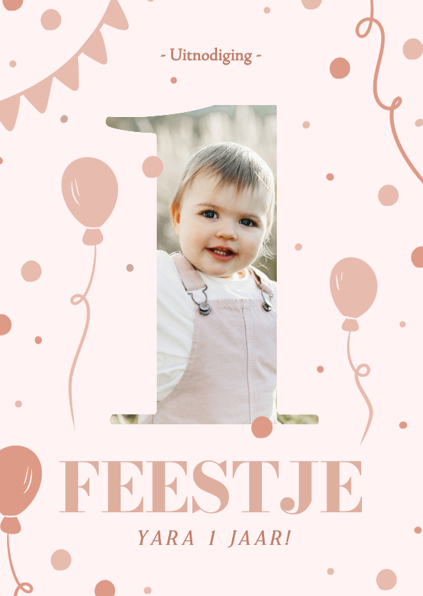 Kinderfeestjes - Lieve uitnodiging eerste verjaardag roze met foto