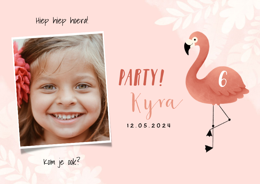 Kinderfeestjes - Lieve uitnodiging kinderfeestje flamingo, bladeren en foto
