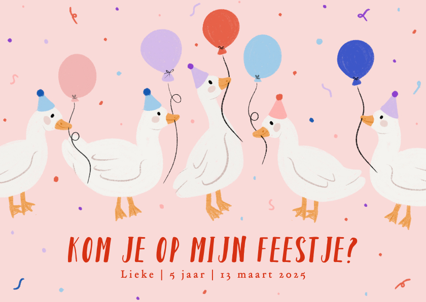 Kinderfeestjes - Lieve uitnodiging kinderfeestje met eendjes ballonnen roze