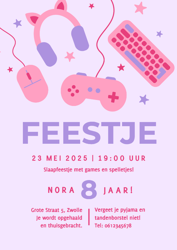Lila kinderfeestje uitnodiging gamen meisje - Kinderfeestjes Kinderfeestjes - Lila kinderfeestje uitnodiging gamen meisje