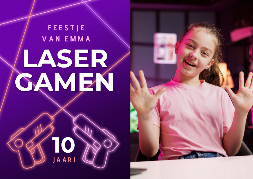 Neon fotokaart uitnodiging kinderfeestje meisje laser gamen - Kinderfeestjes Kinderfeestjes - Neon fotokaart uitnodiging kinderfeestje meisje laser gamen