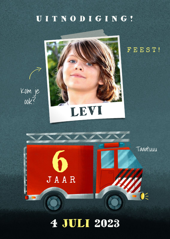 Stoer kinderfeestje kaart jongen met brandweerauto en foto - Kinderfeestjes Kinderfeestjes - Stoer kinderfeestje kaart jongen met brandweerauto en foto
