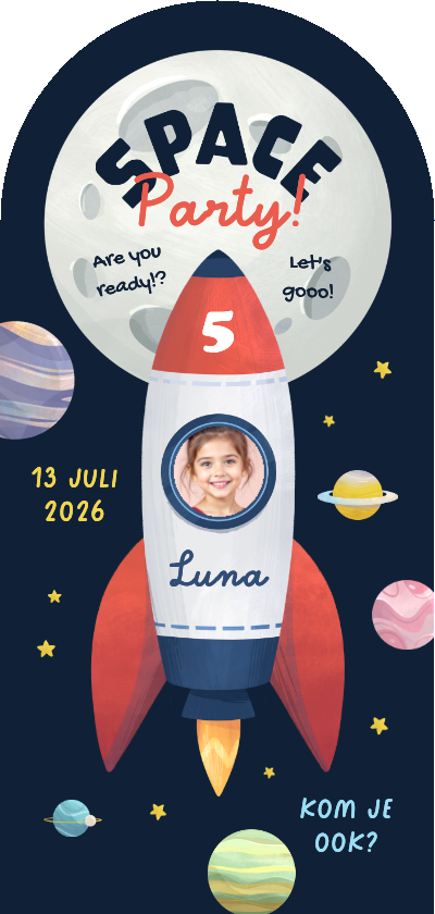 Kinderfeestjes - Stoer kinderfeestje uitnodiging space party foto raket maan