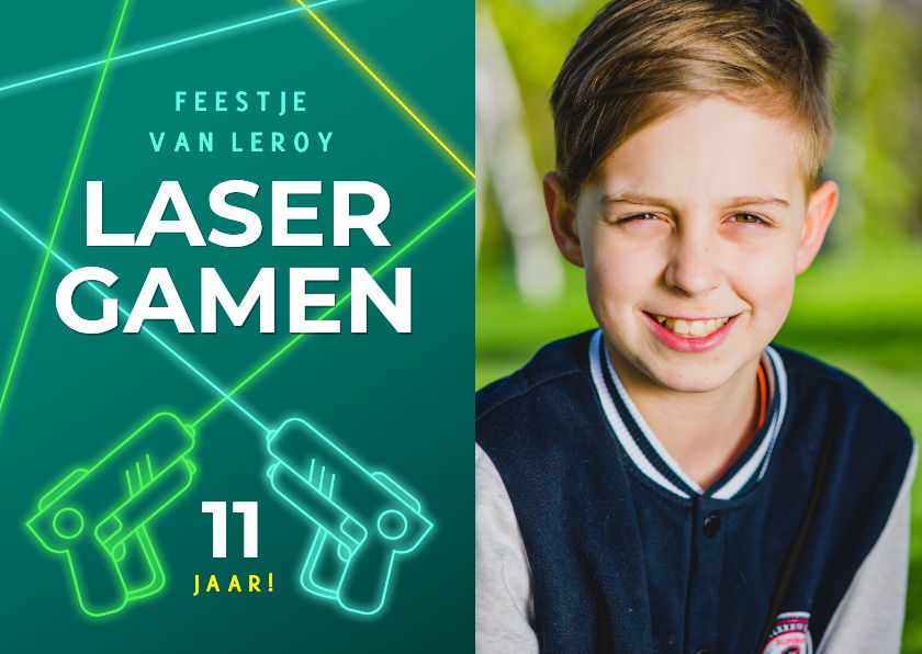 Kinderfeestjes - Stoere fotokaart uitnodiging kinderfeestje laser gamen
