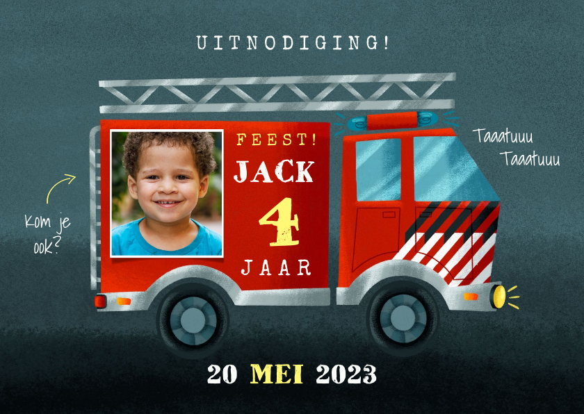 Kinderfeestjes - Stoere kinderfeestje kaart brandweerauto, foto en leeftijd