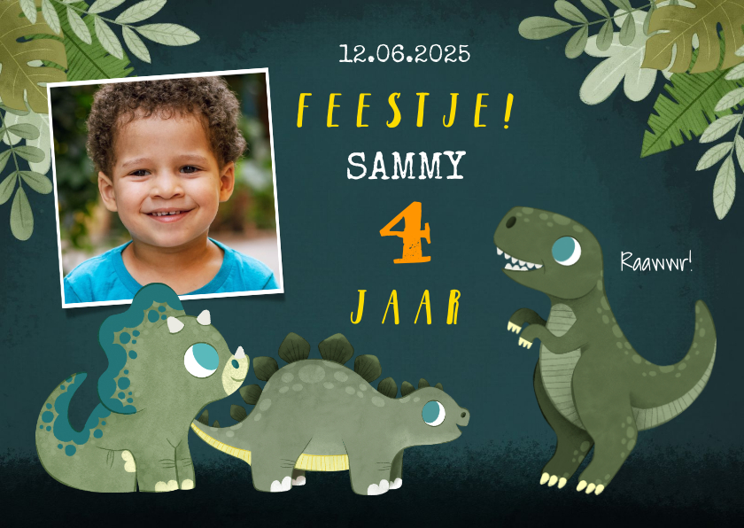 Kinderfeestjes - Stoere kinderfeestje uitnodiging met dino's, jungle en foto