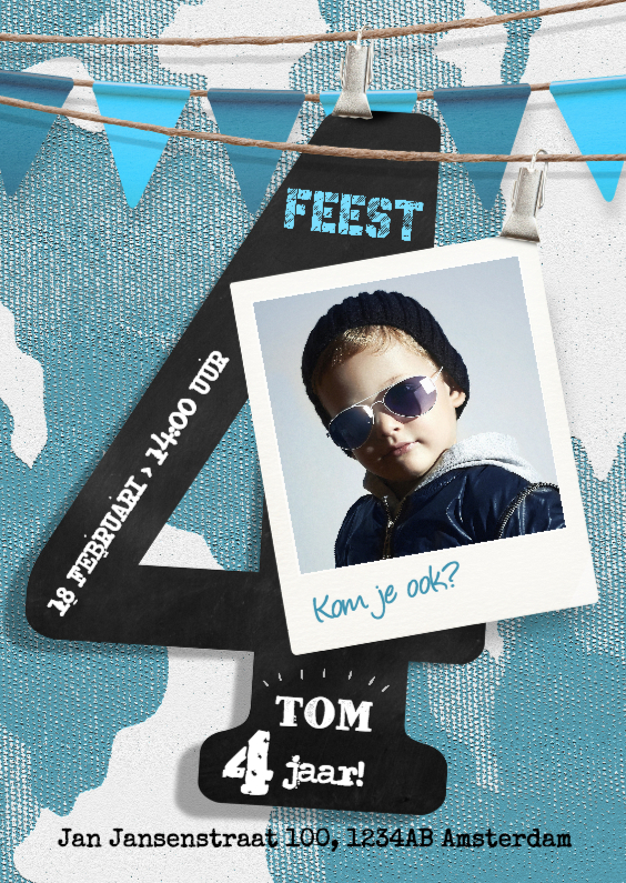 Stoere uitnodiging 4 jaar jongen - Kinderfeestjes Kinderfeestjes - Stoere uitnodiging 4 jaar jongen