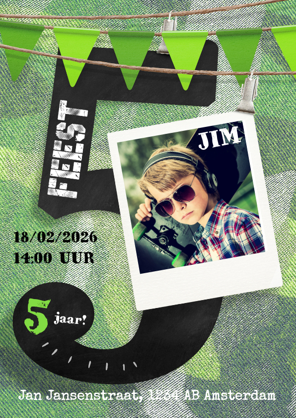 Stoere uitnodiging 5 jaar jongen - Kinderfeestjes Kinderfeestjes - Stoere uitnodiging 5 jaar jongen