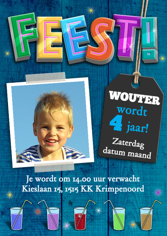 Stoere uitnodiging jongen met limonade op houtprint - Kinderfeestjes Kinderfeestjes - Stoere uitnodiging jongen met limonade op houtprint