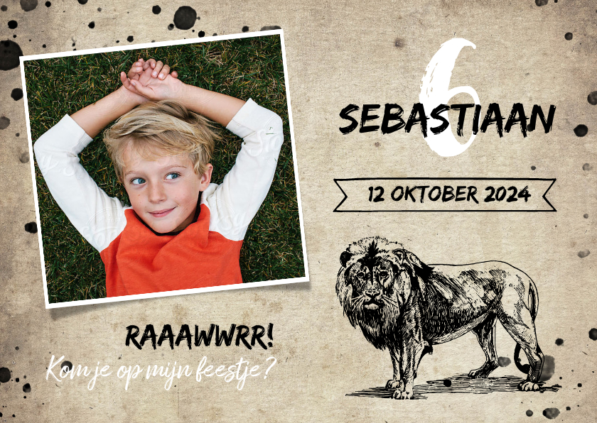 Kinderfeestjes - Stoere uitnodiging kinderfeestje met leeuw en spetters