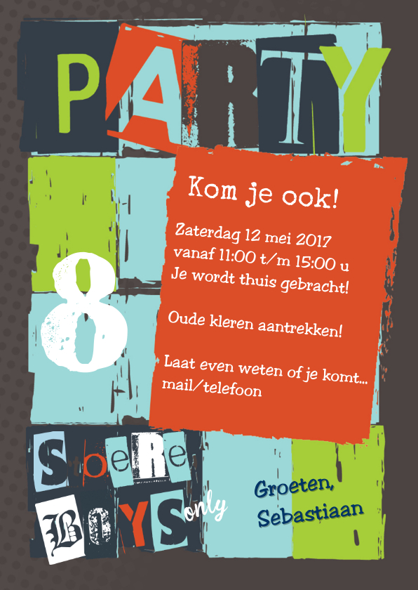Stoere uitnodiging Sebastiaan - Kinderfeestjes Kinderfeestjes - Stoere uitnodiging Sebastiaan