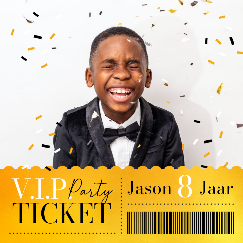Kinderfeestjes - Ticket VIP kinderfeestje goud uitnodiging confetti foto