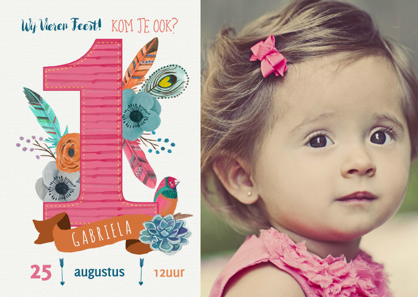 Kinderfeestjes - Uitnodiging 1 jaar Boho