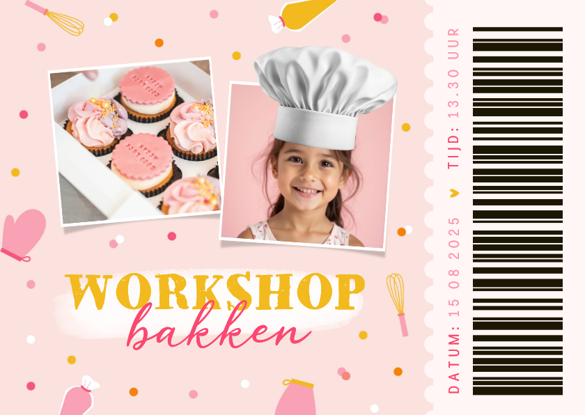 Uitnodiging bakfeestje bakspullen en foto's met koksmuts - Kinderfeestjes Kinderfeestjes - Uitnodiging bakfeestje bakspullen en foto's met koksmuts