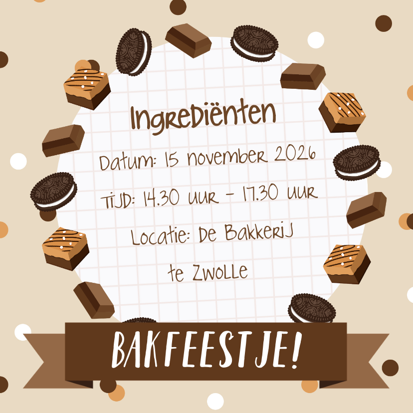 Uitnodiging bakfeestje met ingrediëntenlijst - Kinderfeestjes Kinderfeestjes - Uitnodiging bakfeestje met ingrediëntenlijst