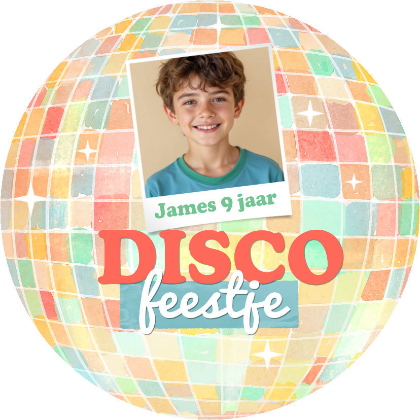 Uitnodiging discofeestje discobal kleurrijk foto unisex - Kinderfeestjes Kinderfeestjes - Uitnodiging discofeestje discobal kleurrijk foto unisex