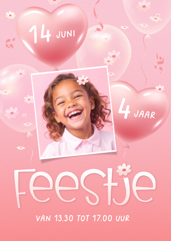 Kinderfeestjes - Uitnodiging eigen foto hartjes en bloesem 3d ballonnen