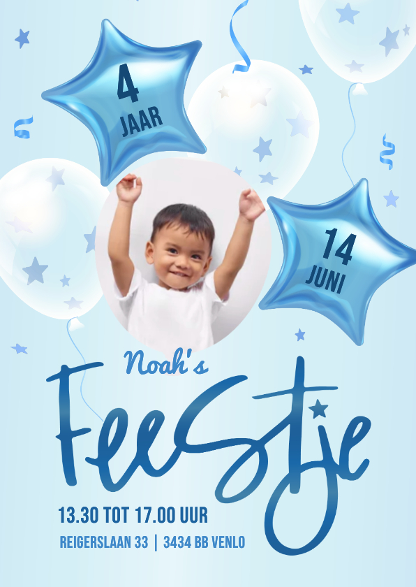 Kinderfeestjes - Uitnodiging eigen foto met ster confetti en 3d ballonnen