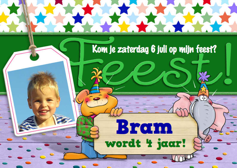 Uitnodiging feest voor jongen met dieren en foto - Kinderfeestjes Kinderfeestjes - Uitnodiging feest voor jongen met dieren en foto