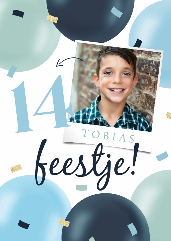Kinderfeestjes - Uitnodiging feestje jongen confetti foto ballonnen