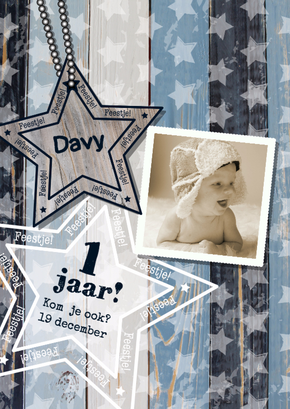 Uitnodiging foto blauw hout ster S - Kinderfeestjes Kinderfeestjes - Uitnodiging foto blauw hout ster S