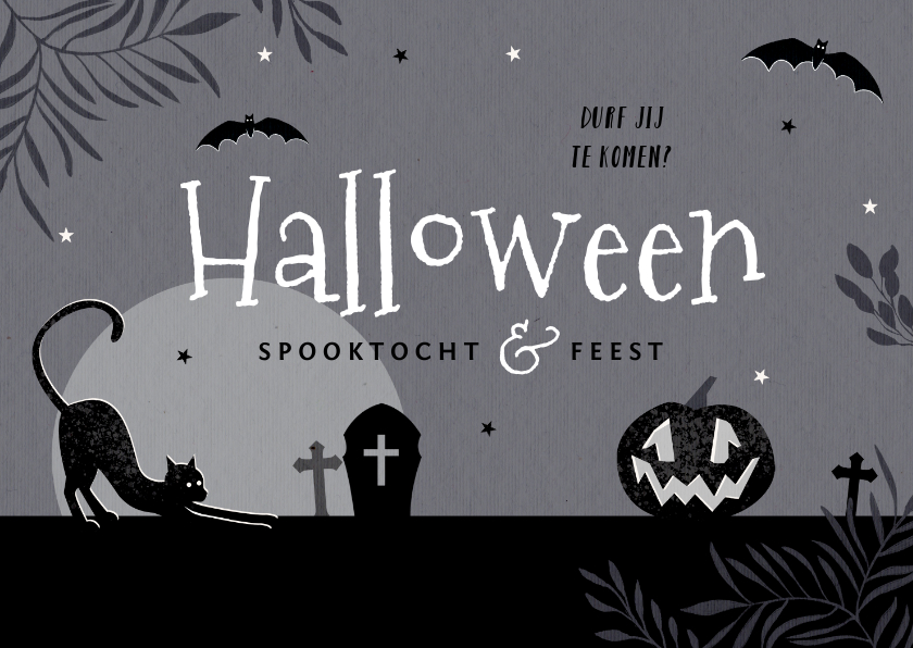 Kinderfeestjes - Uitnodiging halloweenfeest spooktocht donker pompoen kat