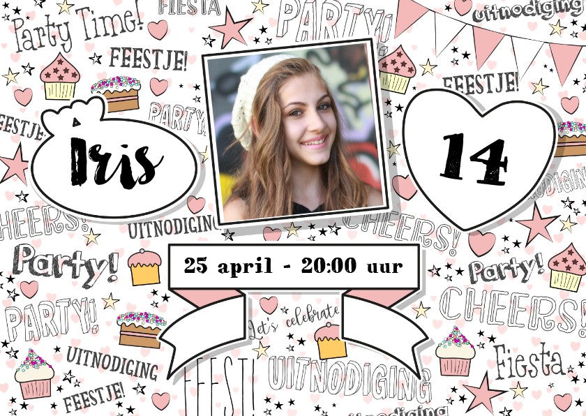 Uitnodiging handlettering trendy kaart met foto en banner - Kinderfeestjes Kinderfeestjes - Uitnodiging handlettering trendy kaart met foto en banner