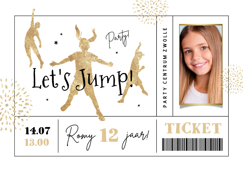 Kinderfeestjes - Uitnodiging jump party trampoline goud ticket foto