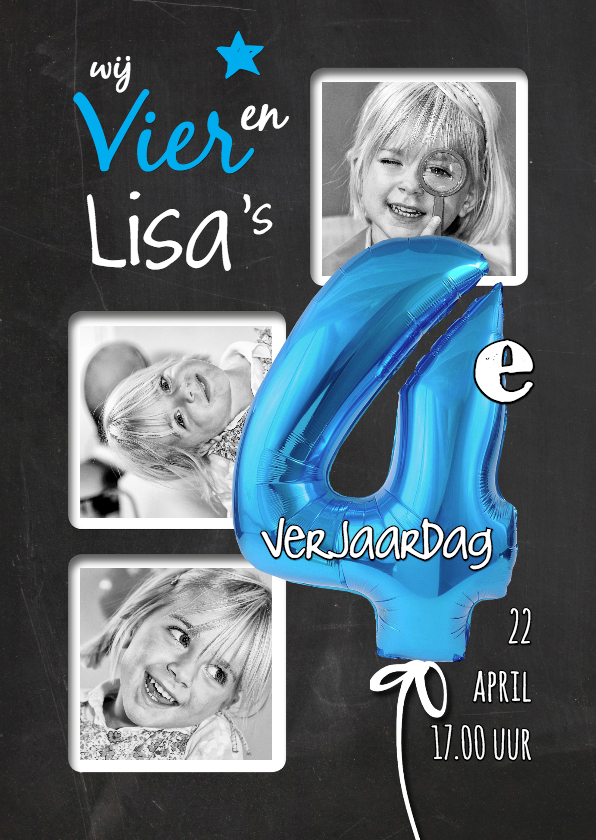 Uitnodiging kinderfeest 4e Verjaardag ballon blauw - Kinderfeestjes Kinderfeestjes - Uitnodiging kinderfeest 4e Verjaardag ballon blauw