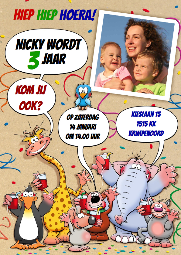 Uitnodiging Kinderfeest met grappige dieren voor een kind - Kinderfeestjes Kinderfeestjes - Uitnodiging Kinderfeest met grappige dieren voor een kind