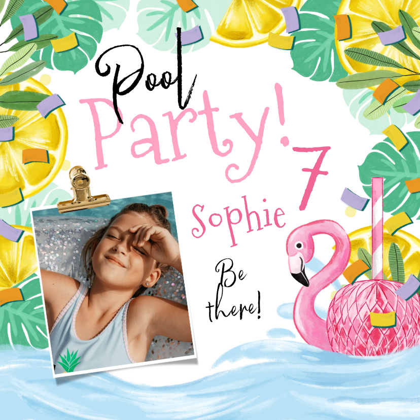 Kinderfeestjes - Uitnodiging kinderfeest ‘Pool Party’ tropisch flamingo