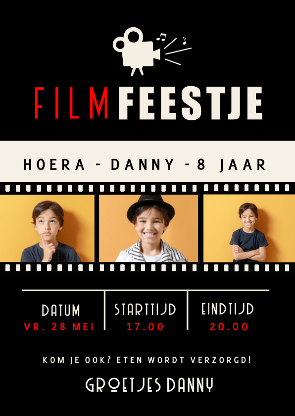 Kinderfeestjes - Uitnodiging kinderfeestje bioscoop in filmposter stijl