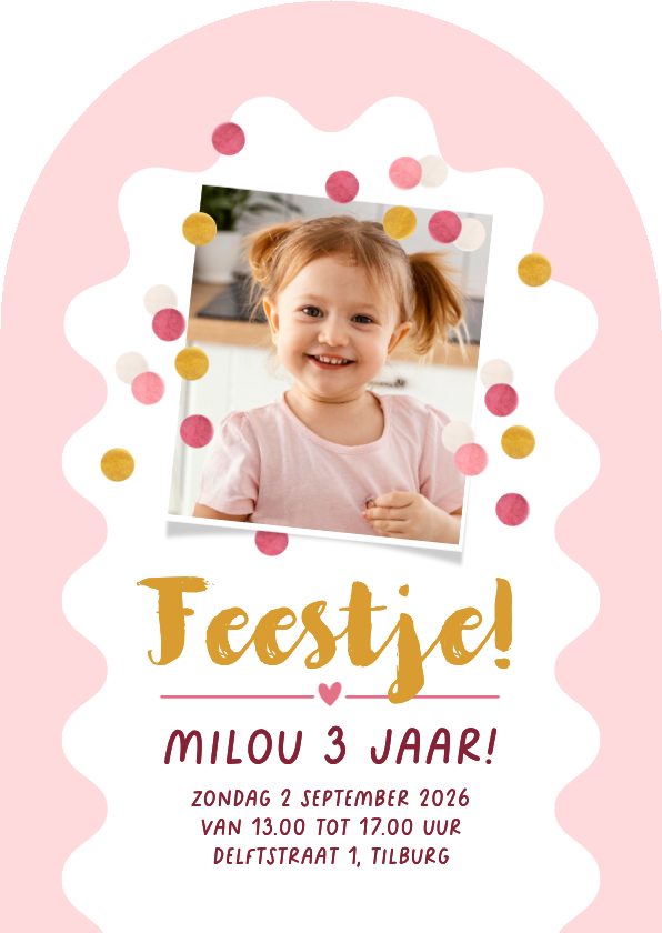 Kinderfeestjes - Uitnodiging kinderfeestje boogvorm confetti roze goud foto