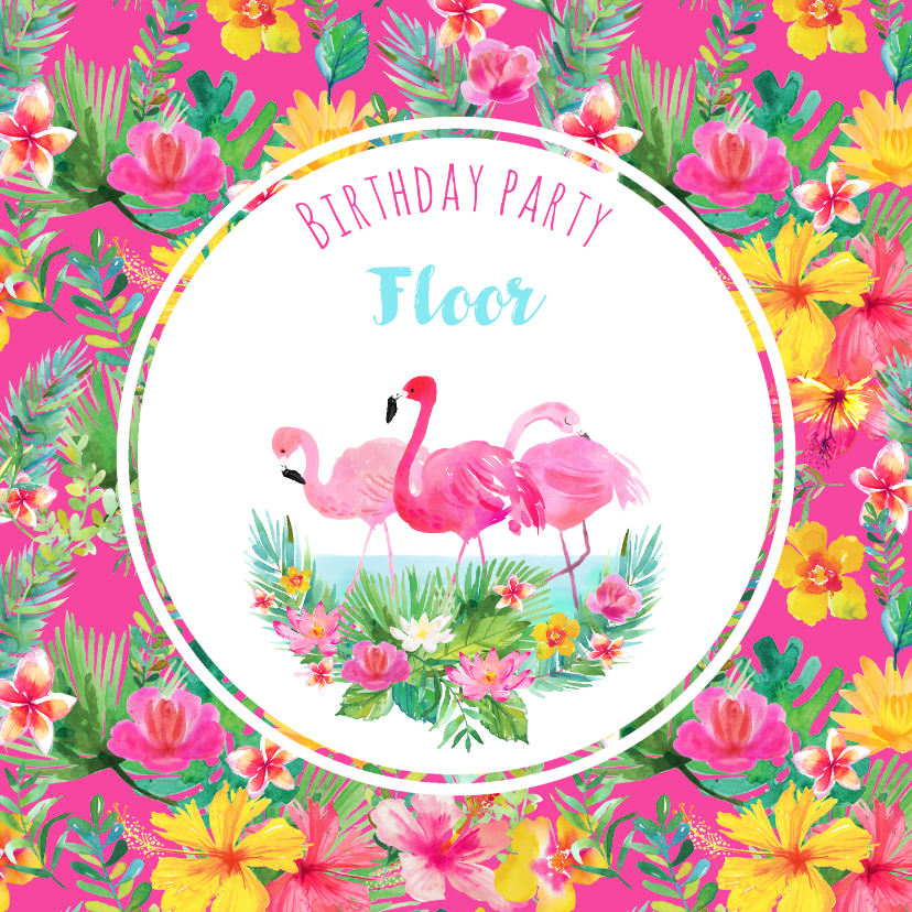 Kinderfeestjes - Uitnodiging kinderfeestje flamingo en tropische bloemen